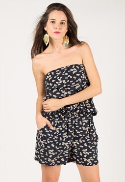Allover Leaves Print Cotton Playsuits in Navy
