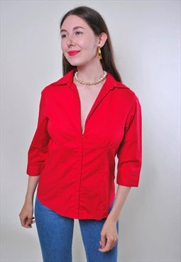 Red office blouse, vintage capsule blouse quarter sleeve 