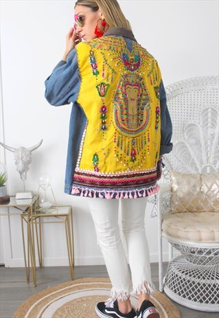 VINTAGE JEANS JACKET PRINTED ETHNIC EMBROIDERY EGYPTIAN
