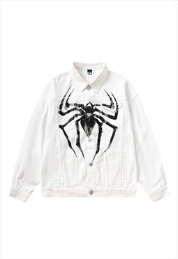 Spider print denim jacket grunge jean bomber in white 