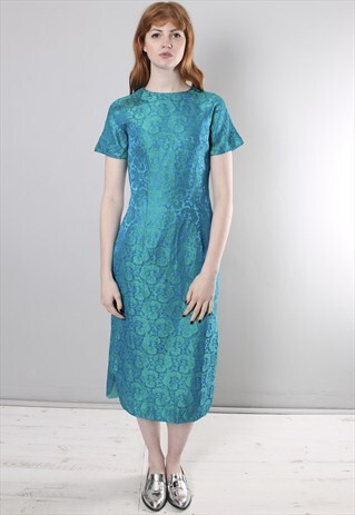 VINTAGE 60S TURQUOISE TEXTURED PATTERNED FITTED MIDI DRESS