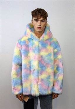 Hooded faux fur unicorn jacket rainbow bomber rave coat pink