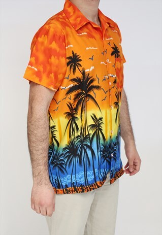 HAWAIIAN STYLE PALM TREE PRINT SHIRTS-ORANGE