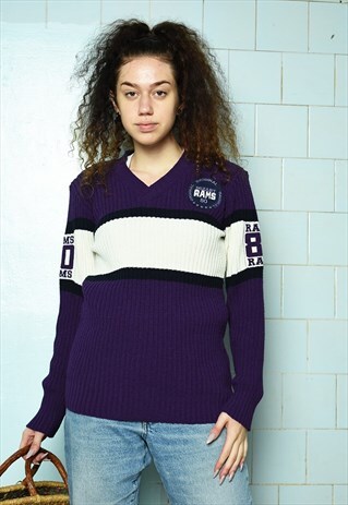VINTAGE 90S STRIPED V-NECK KNIT JUMPER SWEATER PULLOVER