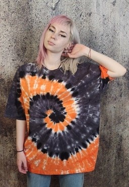 Tie-dye print tee Mandala t-shirt rainbow top in orange grey