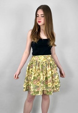 80's Vintage Ladies Floral Ra Ra Cotton Yellow Mini Skirt