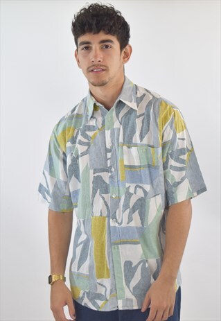 VINTAGE BLUE WHITE PATTERN ABSTRACT 90S SHIRT