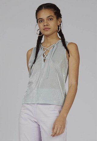 VINTAGE 90S BABY BLUE LACE TRUSSARDI TOP