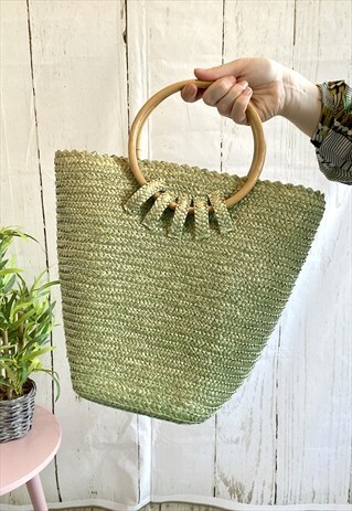 VINTAGE BOHO GREEN SEQUIN STRAW WOODEN 70'S BASKET BAG