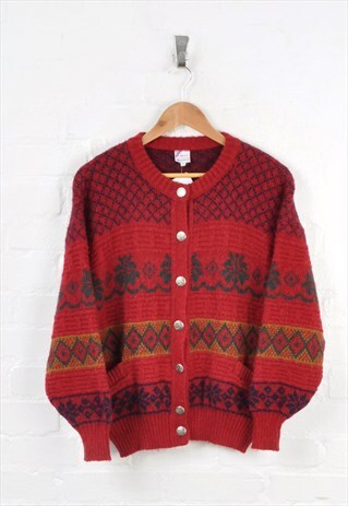 VINTAGE KNITWEAR CARDIGAN BUTTON UP WOOL RED LADIES MEDIUM