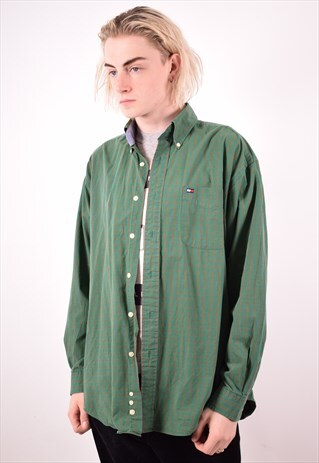TOMMY HILFIGER MENS VINTAGE SHIRT LARGE GREEN CHECK 90S