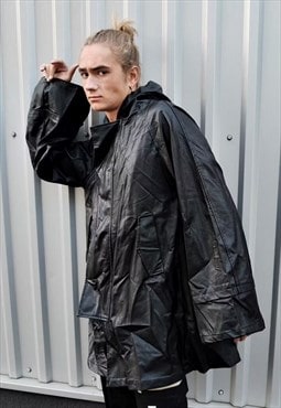 Faux leather hooded jacket wide retro biker coat in black
