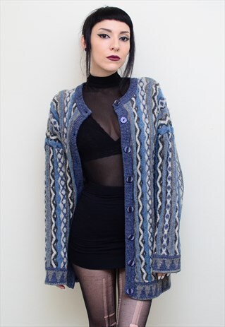 VINTAGE 90'S RETRO PATTERNED CHUNKY KNITTED CARDIGAN