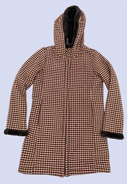 Brown Cream Houndstooth Fleece Lined Hooded Zip Casual Coat