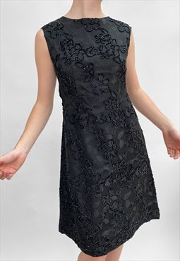 50's Vintage Evening Dress Black Satin Sleeveless Brocade