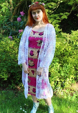 VINTAGE 90S WHITE FLORAL LACE MIDI FESTIVAL KIMONO
