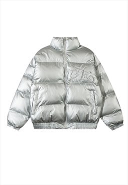 Silver bomber metallic puffer luminous futuristic jacket