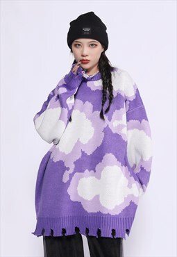 Cloud print sweater sky graphic knitwear rip jumper purple