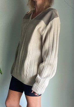 Vintage Rib Knitted and Real Suede V-Neck Jumper