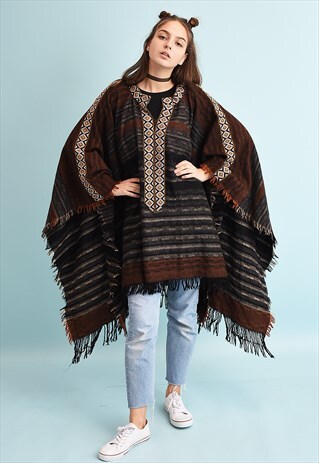90'S RETRO FOLK JAZZY KNIT CAPE FRINGED PONCHO