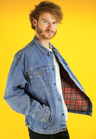 VINTAGE DENIM JACKET WITH RED CHECK LINING