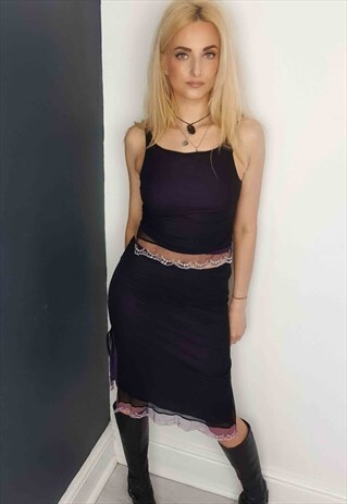 Vintage Y2K Two-Piece Black/Purple Top & Pencil Skirt Set 