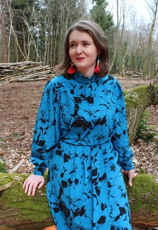 VINTAGE 80'S BLUE & BLACK FLORAL PRINT SUMMER MIDI DRESS