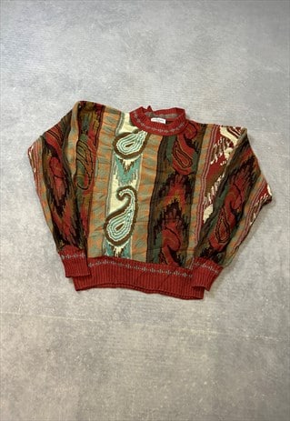 VINTAGE KNITTED JUMPER ABSTRACT PATTERNED GRANDAD SWEATER