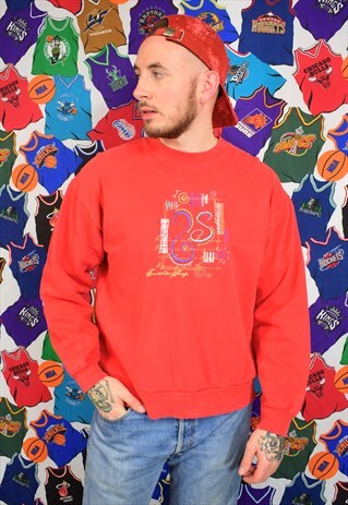 VINTAGE 90S SWEATER SHOP RED EMBROIDERED SWEATER