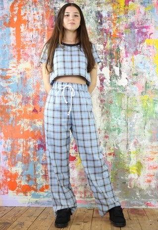 DRAWSTRING TROUSERS & CROP TOP CO-ORDINATES IN BLUE CHECK