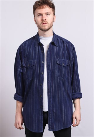 VINTAGE CORDUROY CORD STRIPED SHIRT BLUE