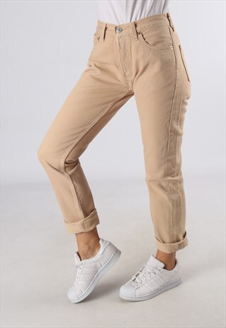 VINTAGE LEVIS 501'S JEANS BEIGE UK 8 - 10 HIGH WAISTED (D4P)