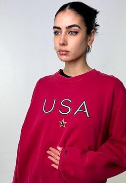 Red y2ks NIKE USA Embroidered Spellout Sweatshirt