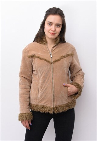 Vintage Afghan Jacket Faux Suede Faux Fur Lining Coat Y2K 