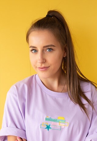 ORGANIC T-SHIRT IN PURPLE WITH 80S COLOUR BLOCK EMBROIDERY