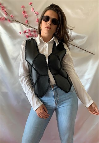 VINTAGE 80S FAUX BLACK LEATHER CROCHET GILET