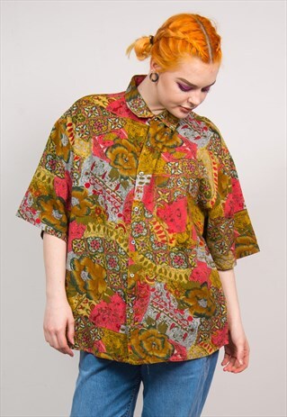 VINTAGE 90'S GREEN & PINK FLORAL PATTERN OVERSIZED SHIRT