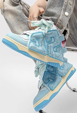 Chunky sole trainers retro patch high tops skate shoes blue
