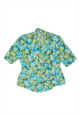 Short Sleeve Blazer Jacket Blue Viscose 80s Floral Womens L