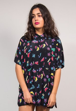 VINTAGE 90'S BLACK BRIGHT PATTERNED OVERSIZE BLOUSE SHIRT