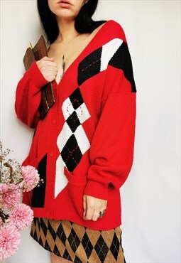 Vintage 90s red geometric oversize cardigan with buttons