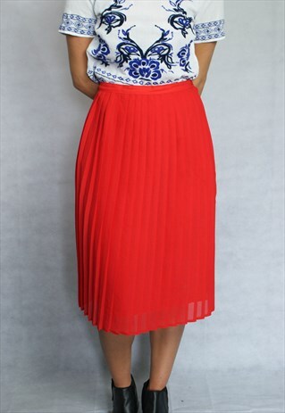 VINTAGE RED PLEATED CHIFFON MIDI SKIRT