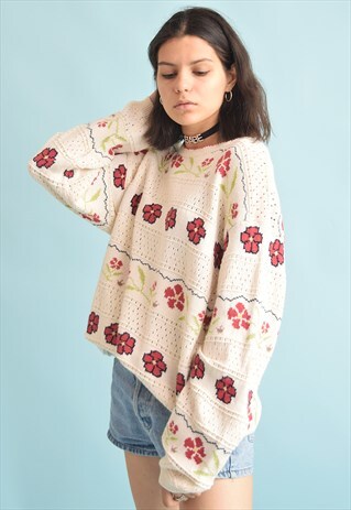 90'S RETRO FLORAL PATTERN OVERSIZED FESTIVAL MOMS JUMPER TOP