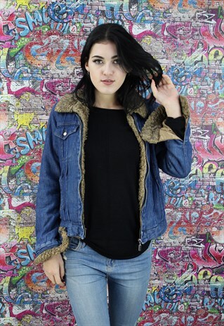 VINTAGE 80S DARK BLUE SHERPA FLEECE LINED DENIM JACKET.