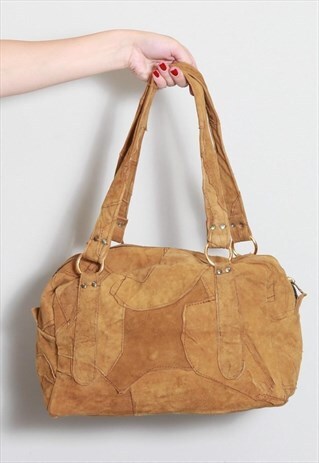 VINTAGE 1970'S PATCHWORK CARAMEL SUEDE HANDBAG