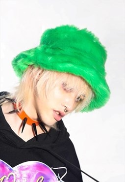 Festival faux fur bucket hat fluffy neon hat rave cap green