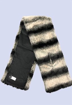 Black Cream Scarf Women One Size Faux Fur Striped Pattern