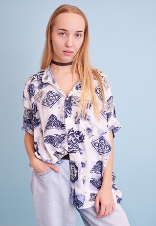 90'S RETRO ABSTRACT PRINT OVERSIZED SHIRT BLOUSE TOP
