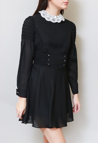 VINTAGE 1960'S BLACK WHITE LACE PETER PAN COLLAR DRESS