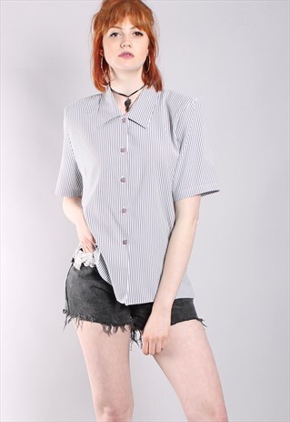 VINTAGE 80S GREY CANDY STRIPE SHIRT TOP
